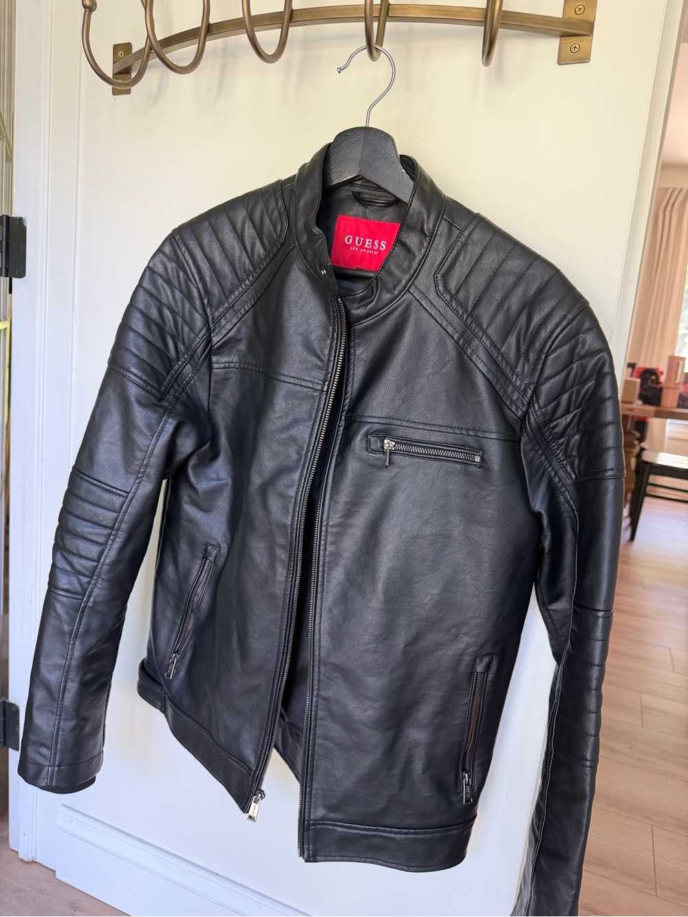 Guess Real leather Black Quilted-Shoulder Leather Bomber Jacket